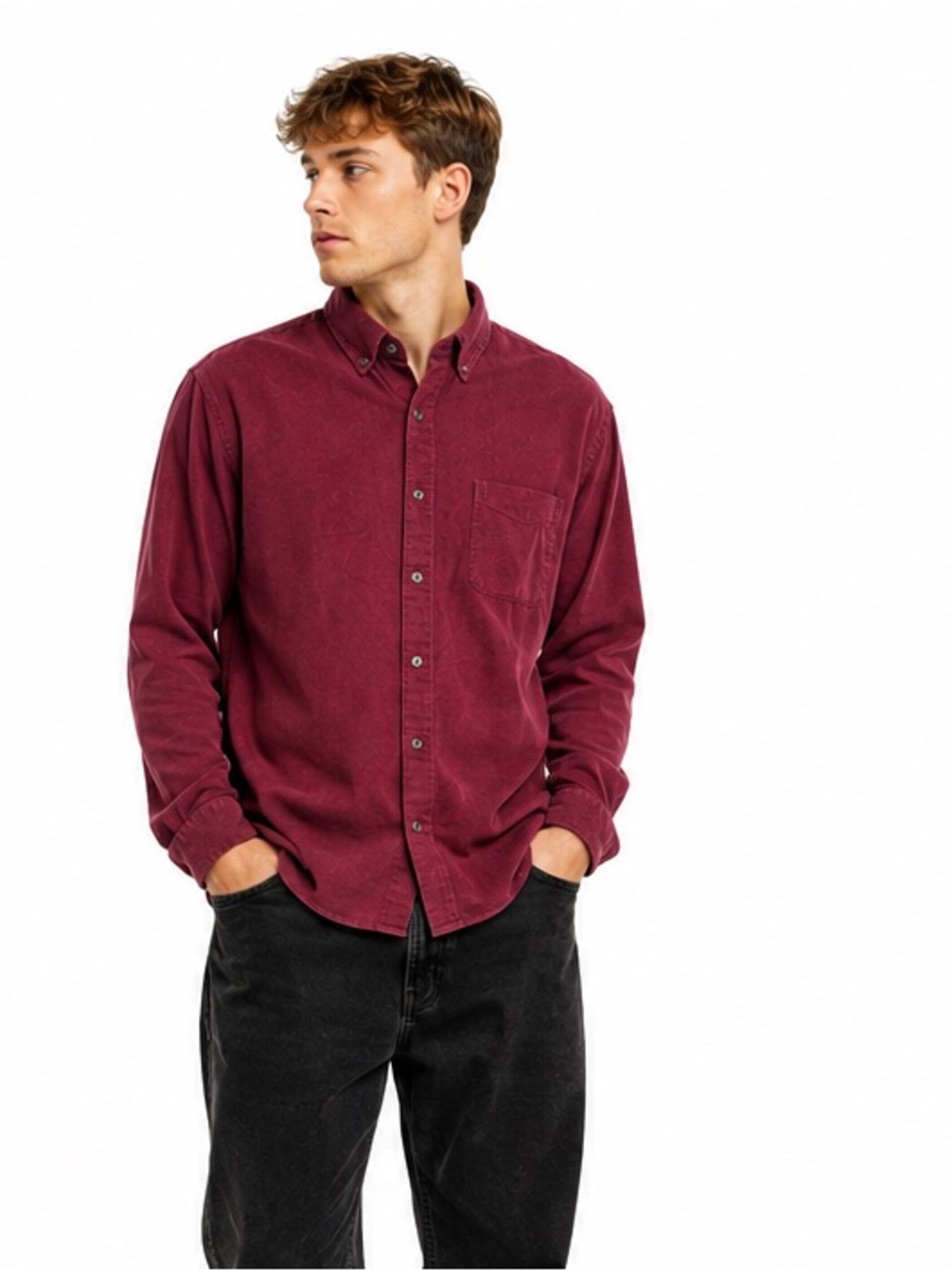 Lands’ End Burgundy Chamois Flannel Button Down Shirt Men’s Large Cotton